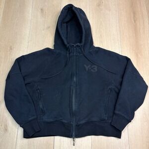 Y-3 Yohji Yamamoto Adidas Black Full Zip Hoodie Sweatshirt Womens Small Cropped